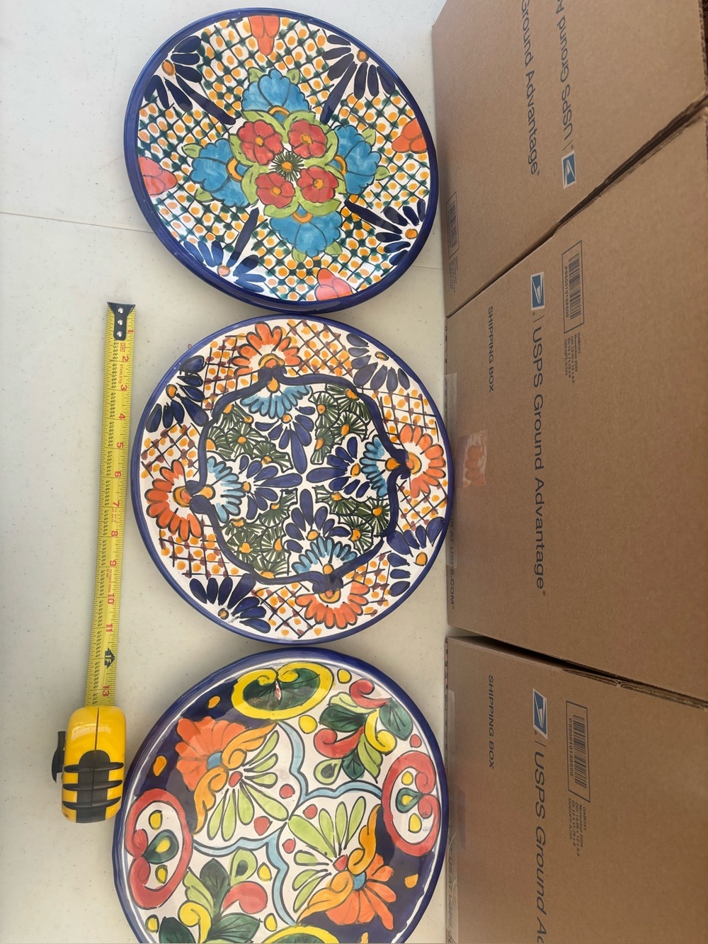 Hand-Painted Multicolor Ceramic Dinner Plates with Blue Rim - Set of 3